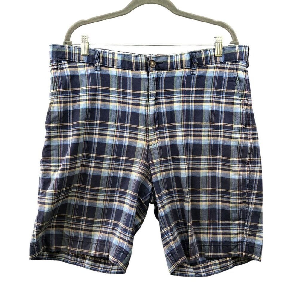 Lands' End Blue Plaid Chino Shorts Mens 38 Traditional Fit Cotton 9'' Inseam